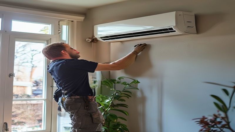 AI-impressie van buitenunit ophangen door een airco installateur