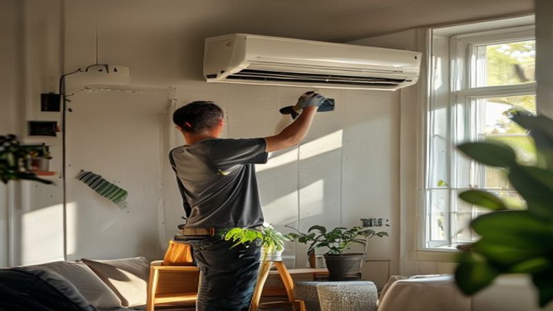 AI-impressie van filter reinigen door een airco installateur