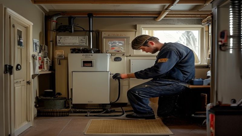 AI-impressie van tapwaterstoring verhelpen door een cv monteur