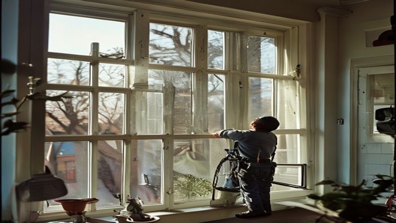 AI-impressie van glasbewassing met hoogwerker door een glazenwasser