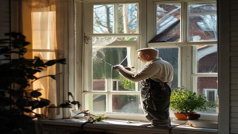 AI-impressie van kozijnen schoonmaken door een glazenwasser