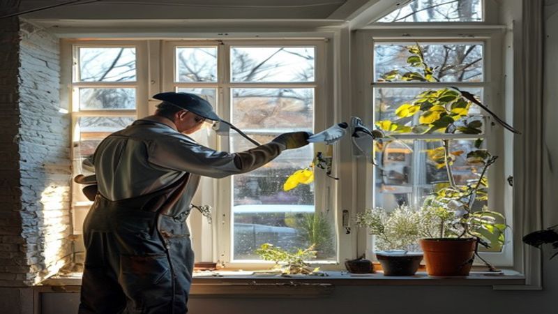 AI-impressie van wintertuin reinigen door een glazenwasser