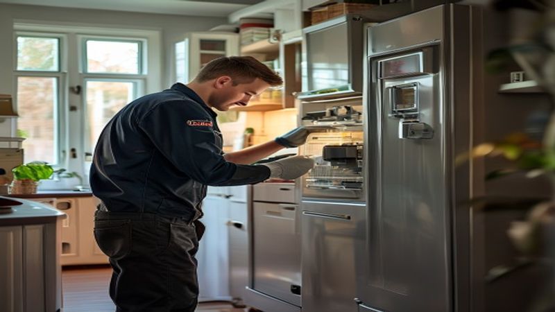 AI-impressie van vriescel onderhoud door een koeltechniek monteur