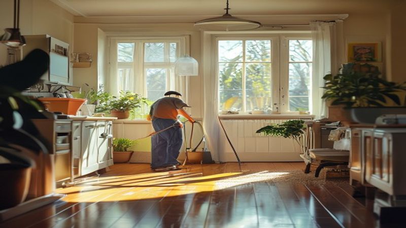 AI-impressie van vloeren dweilen door een schoonmaakbedrijf