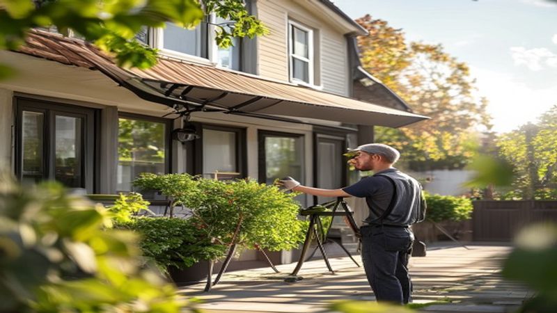 AI-impressie van zonnescherm afstellen door een zonweringspecialist